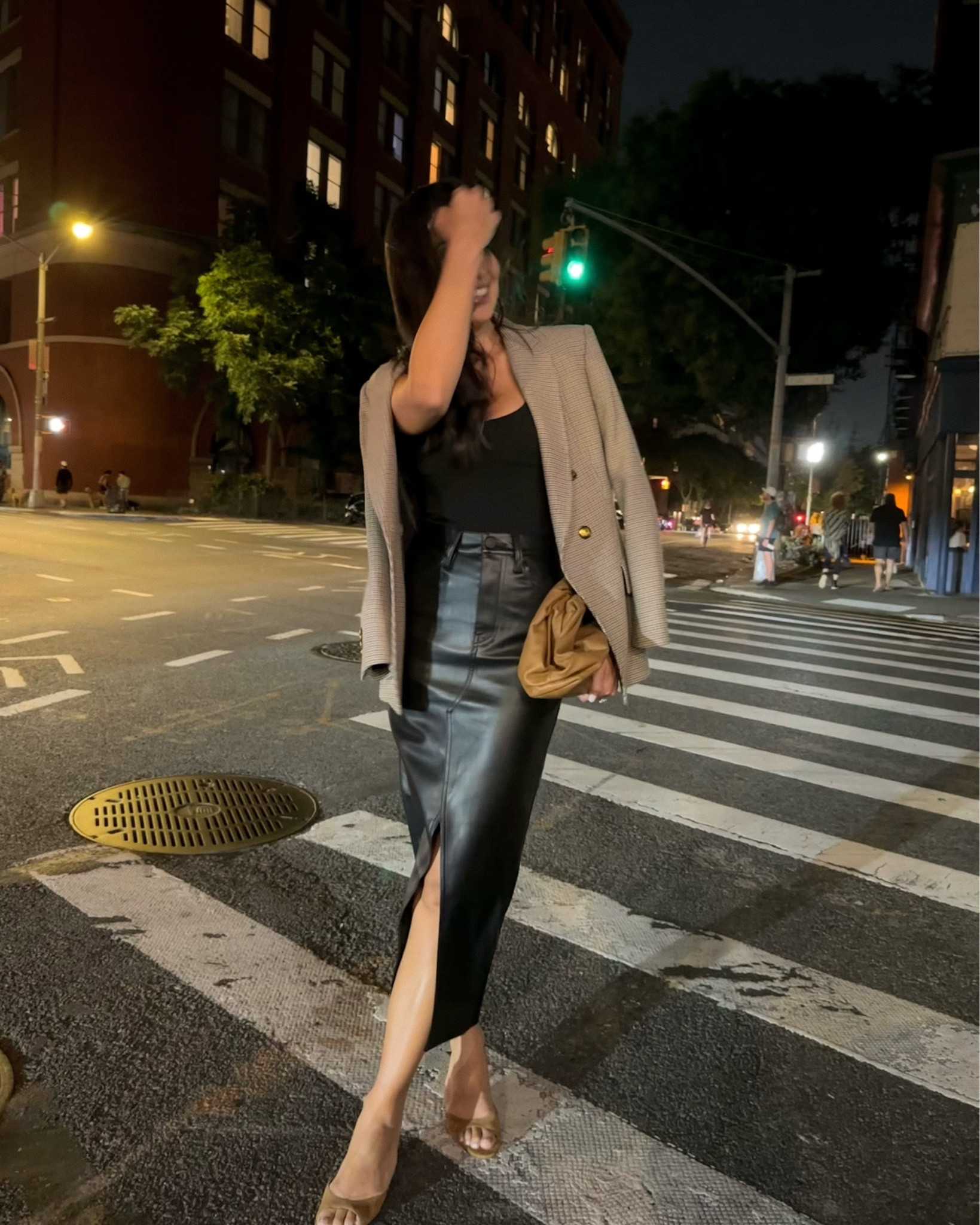 Kat Jamieson wears a leather skirt and houndstooth ALC blazer (similar below) to date night in NYC. 

#LTKworkwear #LTKitbag #LTKshoecrush