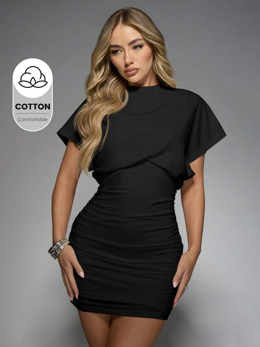 MISSGUIDED Ruched Bodycon Mini Dress Elegant Short Sleeve High Neck Party Evening Club Night Out ... | SHEIN