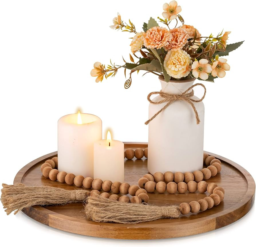 Hanobe Round Wood Decorative Tray: Rustic Acacia Wooden Coffee Table Trays Decor Farmhouse Center... | Amazon (US)