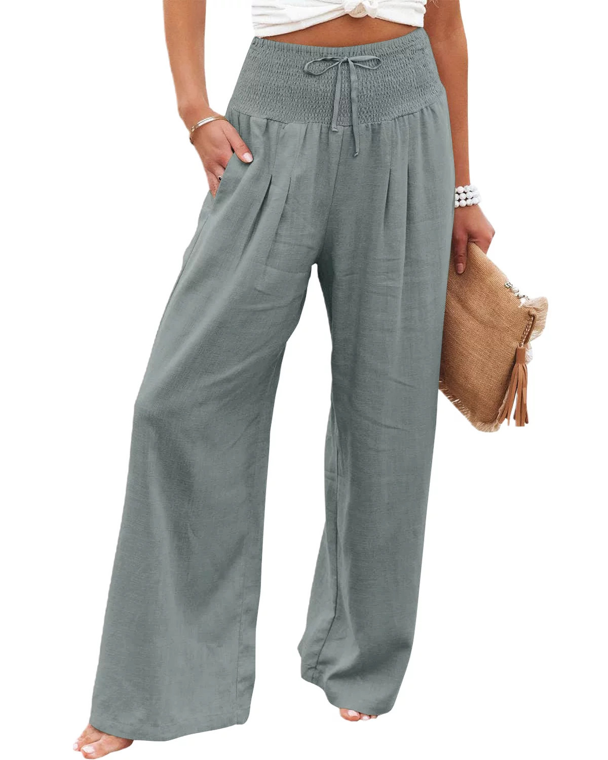 Mumubreal Women's Wide Leg Linen Pants Drawstring High Waist Palazzo Pants Flowy Beach Lounge Tro... | Walmart (US)
