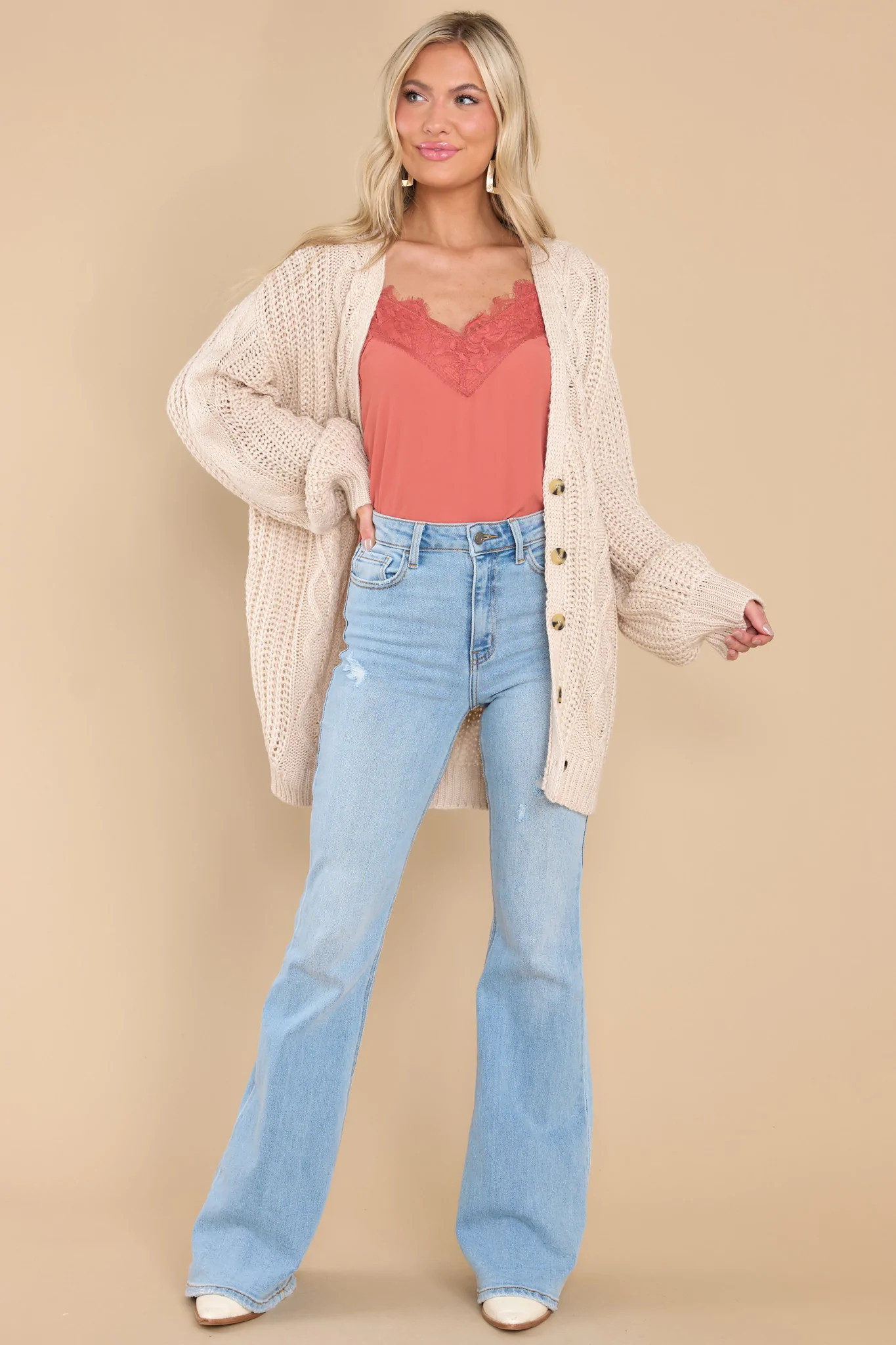 Covered In Cozy Beige Cardigan | Red Dress 