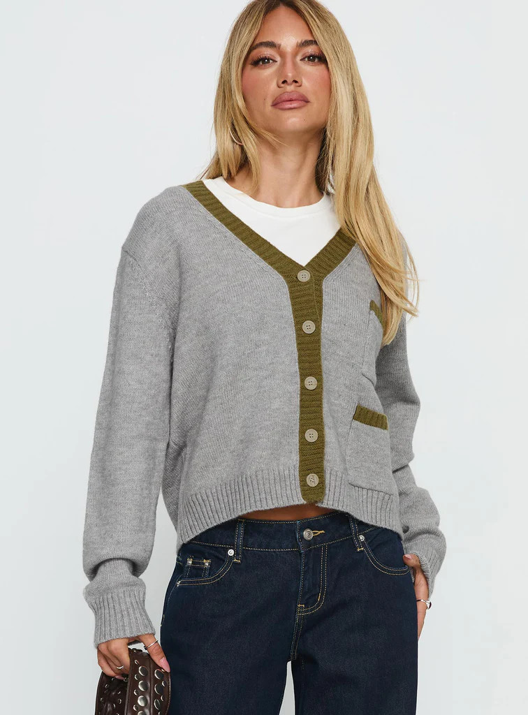Atira Contrast Knit Cardigan Grey | Princess Polly US