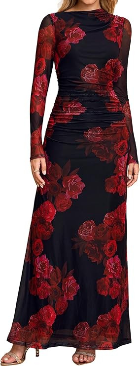 HTZMO Women Fall Long Sleeve Bodycon Floral Maxi Dress Ruched A Line Flowy Wedding Guest Formal P... | Amazon (US)