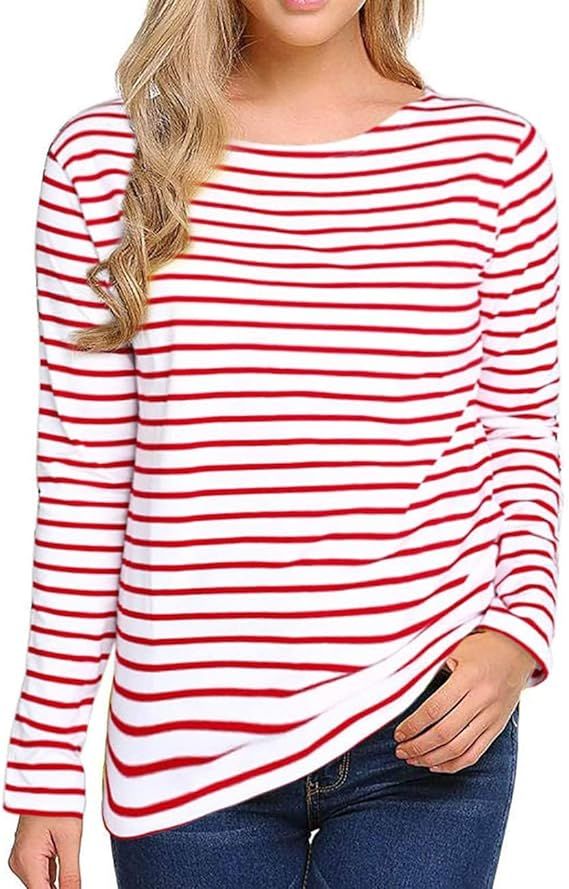 Women's Long Sleeve Striped T-Shirt Tee Shirt Tops Slim Fit Blouses (Large, Red White) | Amazon (US)