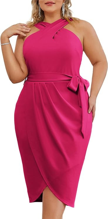 Hanna Nikole Plus Size Dresses for Curvy Women Halterneck Sleeveless Wrap Front Ruched Bodycon Dr... | Amazon (US)