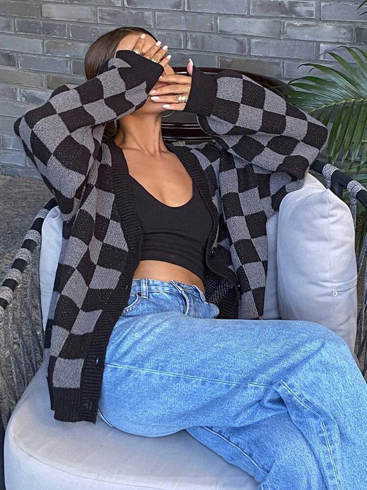 Livesso Checkerboard Pattern Casual Cardigan  | SHEIN