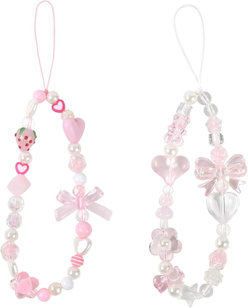 Pink Phone Charms Strap Cute Strawberry Phone Beads Charm Wrist Strap Y2k Bow Lanyard for Camera ... | Amazon (US)