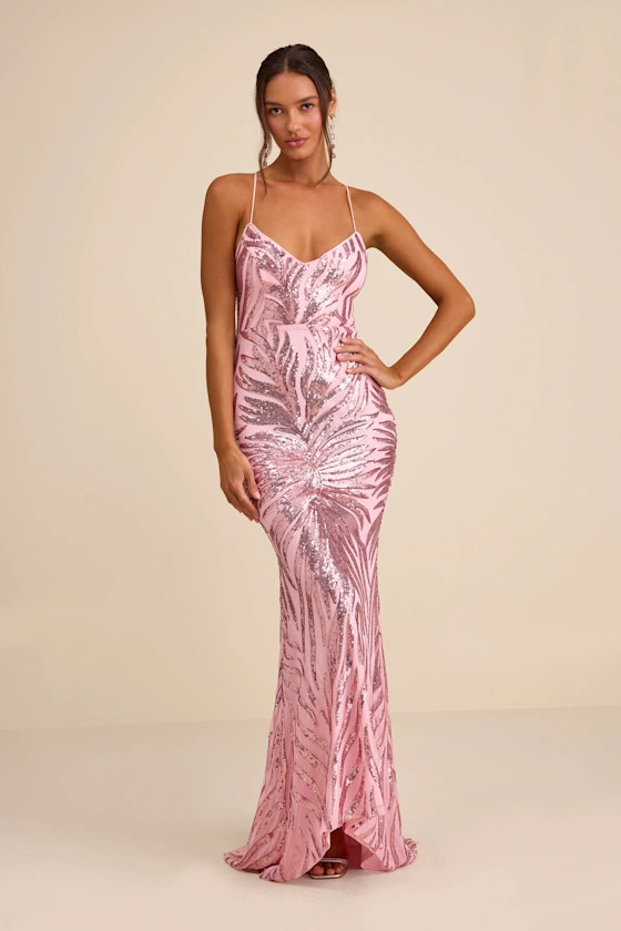 Sparkle 'til Dawn Light Pink Sequin Lace-Up Mermaid Maxi Dress | Lulus