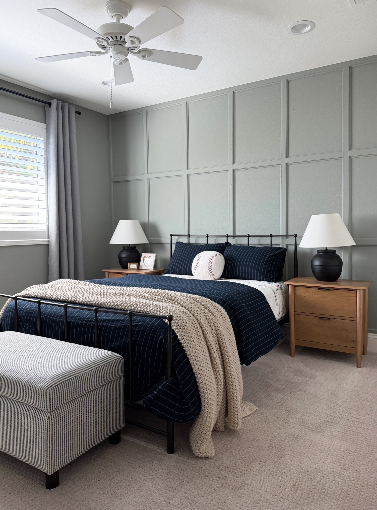 Boys bedroom details!
Simple baseball details in boys room

Two drawer nightstand
Navy striped duvet cover
Baseball bedding
Baseball pillow
Chunky knit blanket
Storage bench (sign up for in-stock updates)
Black table lamps
Black metal bed

#LTKSaleAlert #LTKHome #LTKKids