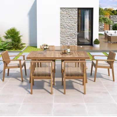 Acacia Wood 7-piece Outdoor Dining Set With Table & 6 Heavy-duty Cushioned Chairs | Wayfair North America