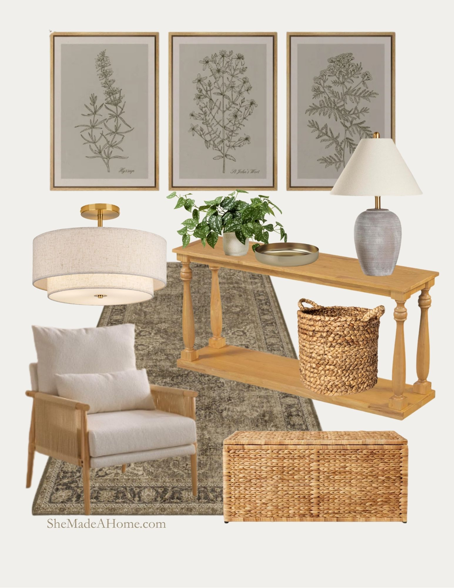Neutral Entryway – Warm, Welcoming & Timeless 🤍
This neutral entryway design combines warm wood tones, woven textures, and soft neutral upholstery for a space that’s both functional and beautiful. A classic console table anchors the look, while woven storage baskets and a natural bench keep things tidy. Botanical art, a vintage-style rug, and a mix of lighting add warmth and personality, making this entryway feel instantly inviting.

🚪 Shop the exact pieces I used to create this budget-friendly, designer-inspired entryway — all linked below so you can recreate it in your own home.

#LTKHome #EntrywayInspo #NeutralEntryway #TimelessStyle #SheMadeAHome #RoomRecipe #BudgetFriendlyHome #ShopTheLook 

 #LTKHome