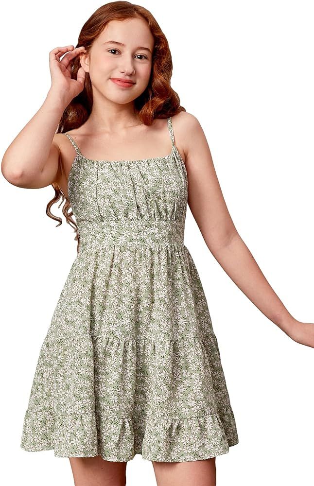 COZYEASE Girls' Floral Print Ruched Bust Ruffle Hem Sleeveless High Waist Cami Dress Boho Short D... | Amazon (US)