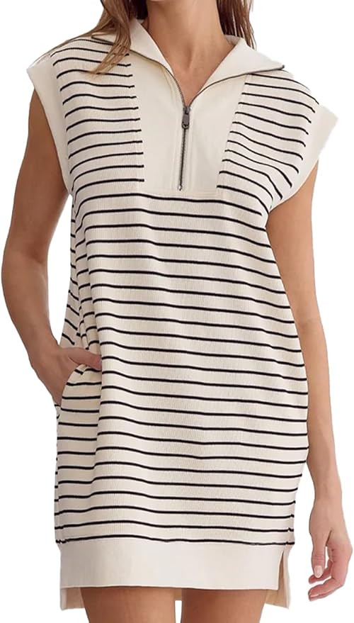 Women’s Casual Fall Dress V Neck Loose Cap Sleeve Knitted Striped Mini Dresses | Amazon (US)