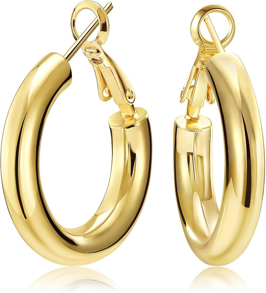 SHOWNII Chunky Gold Hoop Earrings, 14K Gold Plated Chunky Tube Hoop Earrings for Women Lightweigh... | Amazon (US)