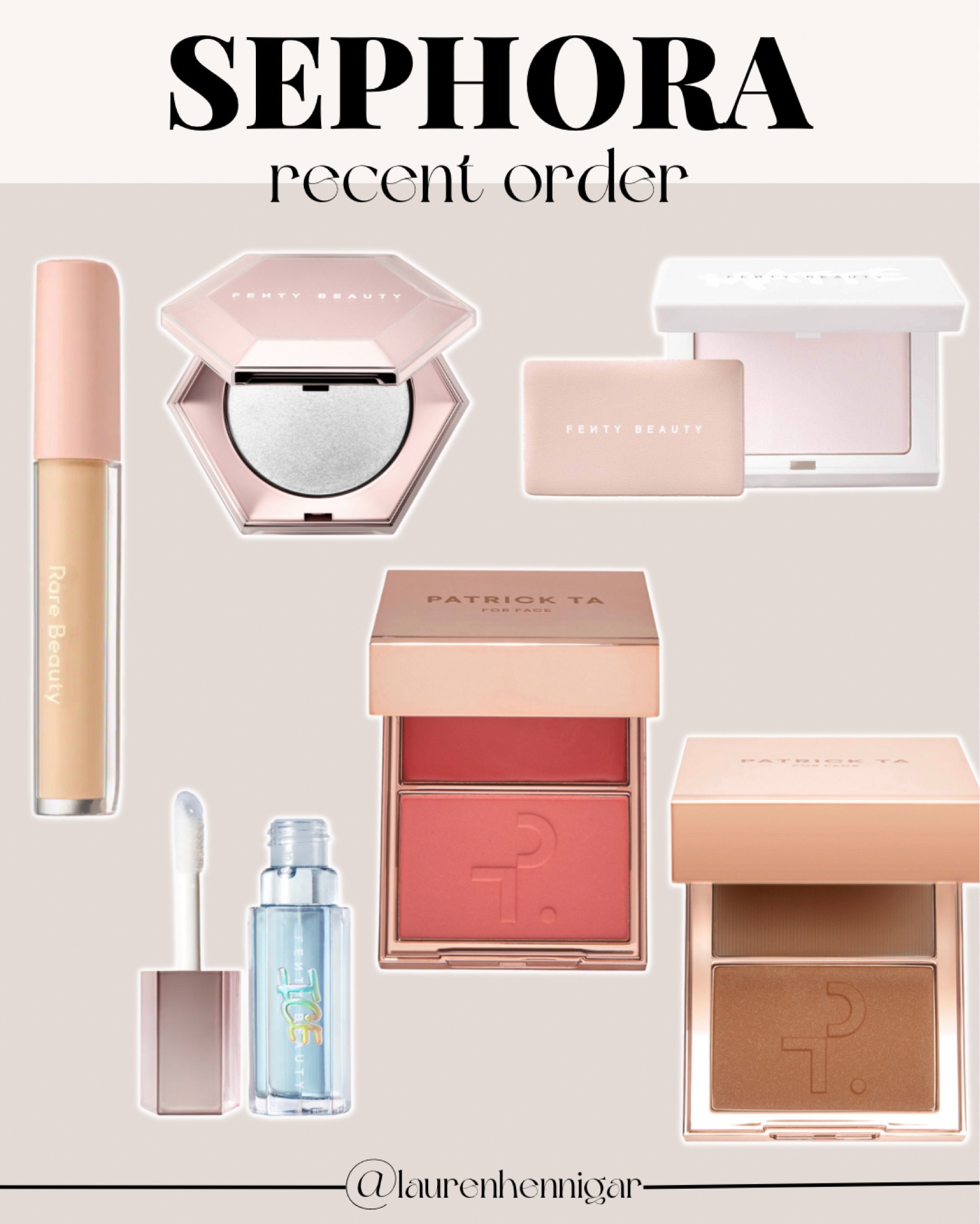 recent sephora order! so excited to try all of these new products 💗✨

fenty beauty diamond bomb all over diamond veil, patrick ta major sculpt crème contour powder duo in shes bronzed, fenty beauty invisimate instantly setting and blotting powde, patrick ta major headlines double take crème and powder blush in she’s a doll, fenty beauty gloss bomb ice, rare beauty under eye brightener 

#LTKbeauty #LTKtravel #LTKSeasonal