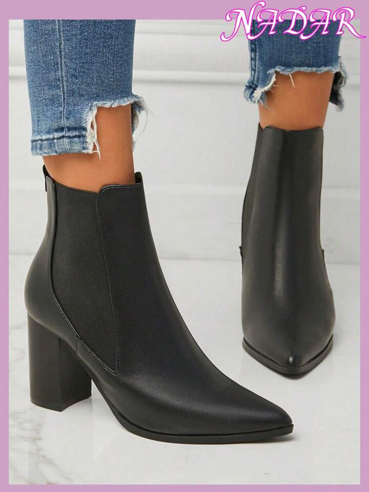 Women's Fashion Pointed Toe Block Heel Slip-On Chelsea Boots, Outdoor Commuting Faux Leather Amer... | SHEIN