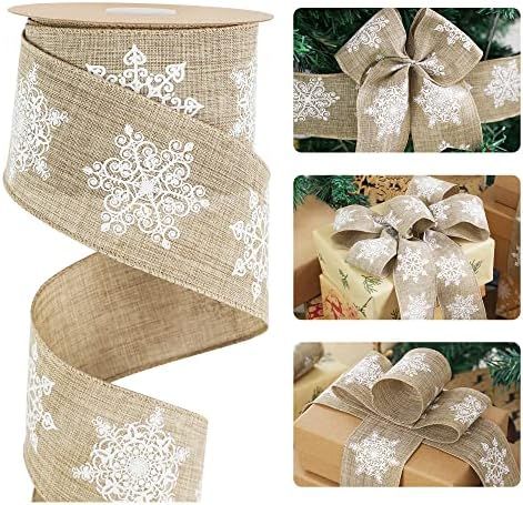 HUIHUANG Snowflake Ribbon Wired 2-1/2 inch White Snowflakes Ribbon Jute Burlap Christmas Ribbon for  | Amazon (US)