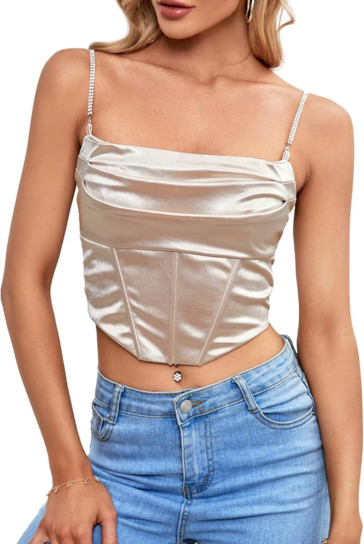 Umenlele Women's Satin Cowl Neck Spaghetti Strap Asymmetrical Hem Corset Camisole Tank Crop Top | Amazon (US)