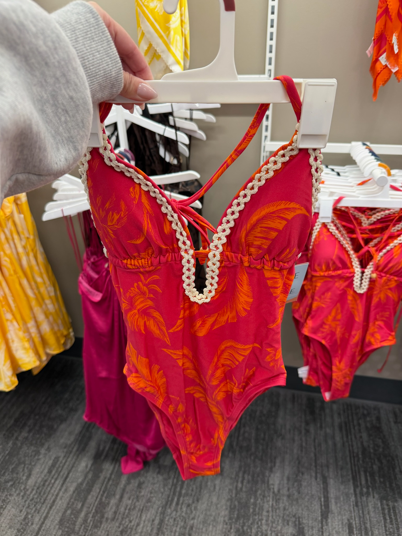 This swimsuit at Target looks way more expensive than it is 🌺 The tropical print and crochet trim are giving resort vacation energy and I’m obsessed with the bright pink-red color for summer. wedding guest dress summer, summer outfits, summer dresses, country concert outfits, graduation guest outfits, date night outfits, memorial day outfit, plus size fashion, vacation outfits beach, business casual workwear
 

 #LTKgrwm #LTKootd #LTKSwim