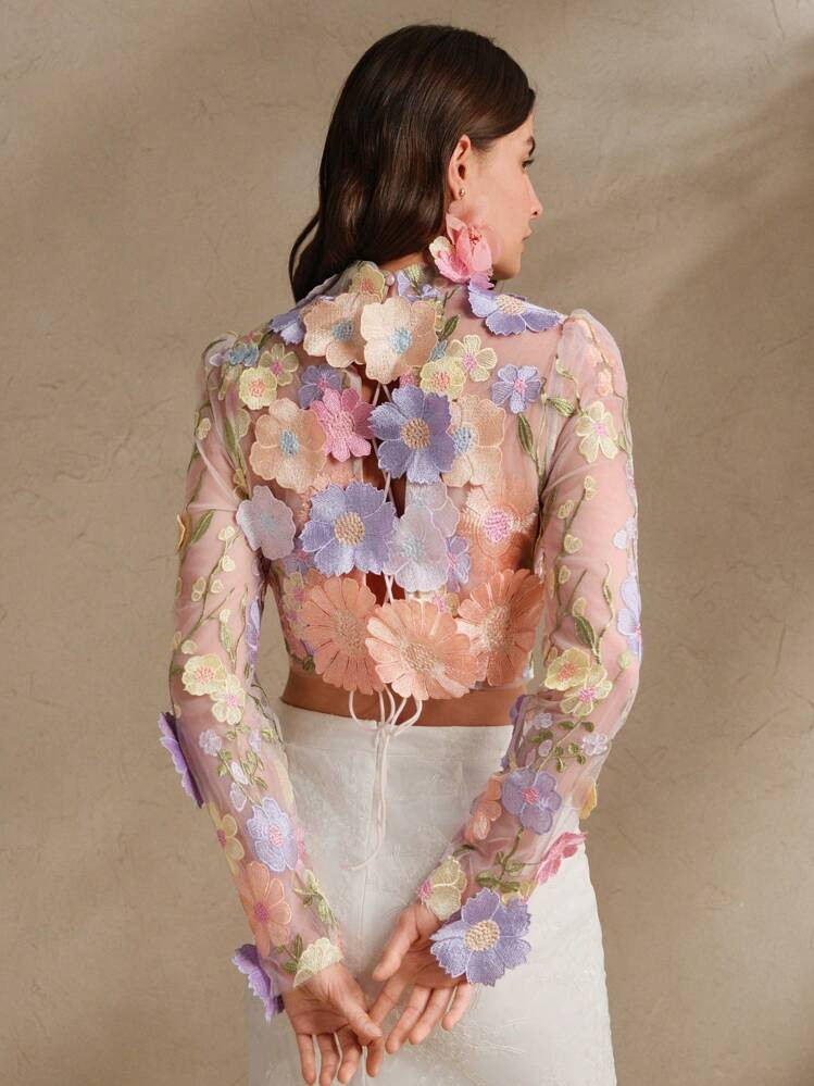 Anewsta Women 3D Flower Decor Short Sleeve Mesh Blouse, White | SHEIN