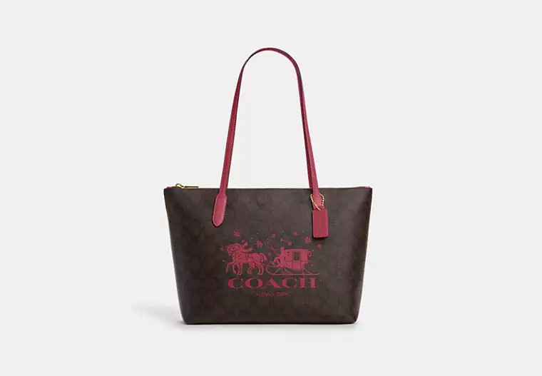 Zip Top Tote In Signature Canvas With Horse And Sleigh | Coach Outlet US
