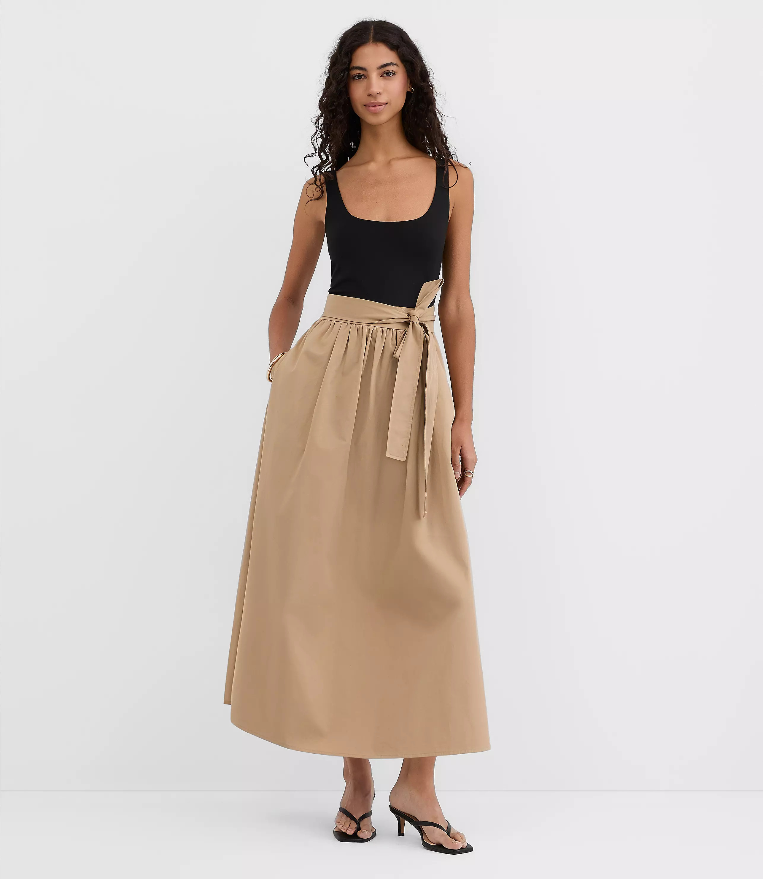 Tie Waist Mixed Media Midi Pocket Dress | LOFT