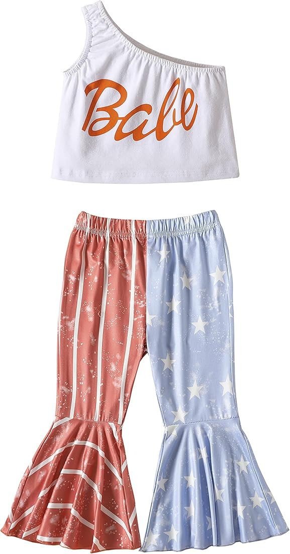 Camidy Toddler Girl 4th of July Outfits One Shoulder Tank Tops Star Stripes Flag Bell-Bottom Pant... | Amazon (US)