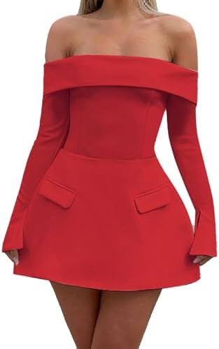 Women Sexy Mini Dress Off Shoulder Long Sleeve A Line Dress Short Formal Dresses Party Clubwear | Amazon (US)
