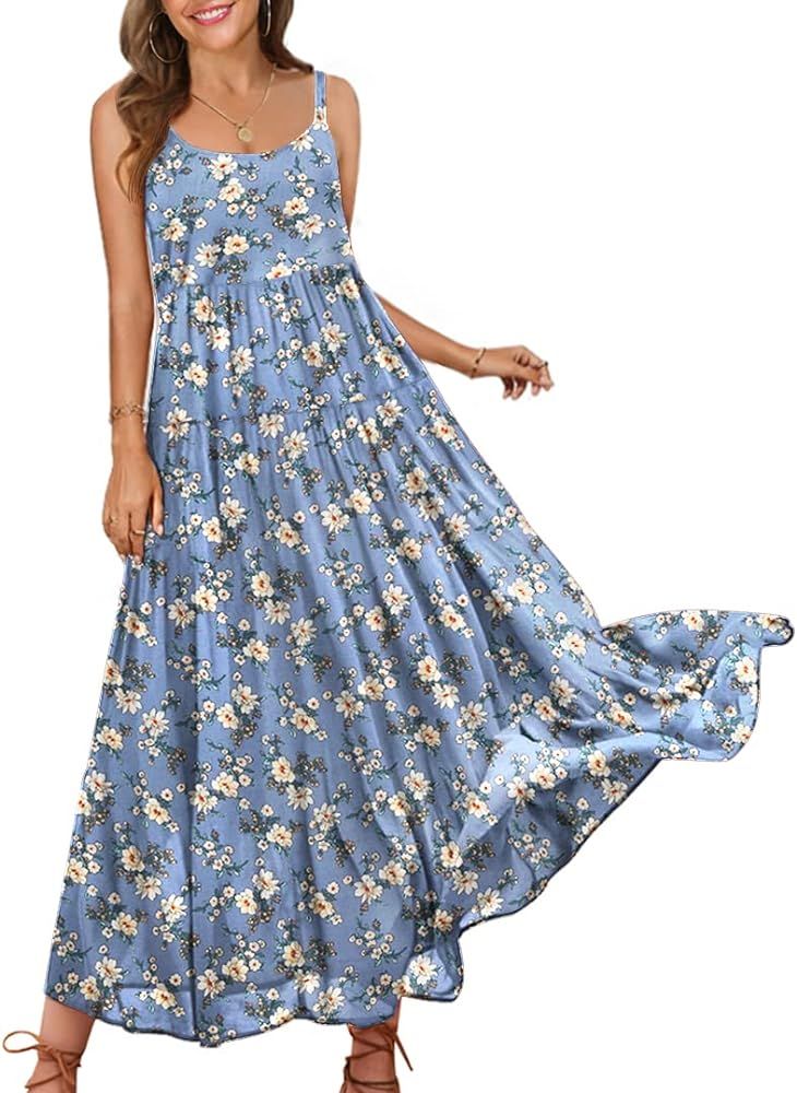 YESNO Summer Dresses for Women 2022 Casual Loose Bohemian Floral Dress with Pockets Spaghetti Str... | Amazon (US)