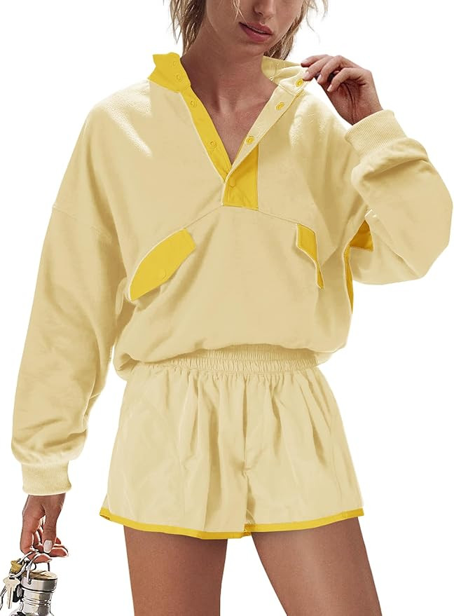 LAMISSCHE Work out Sets Gym for Women Sweatsuits 2 Piece Set Long Sleeve Top & Shorts Active Wear... | Amazon (US)