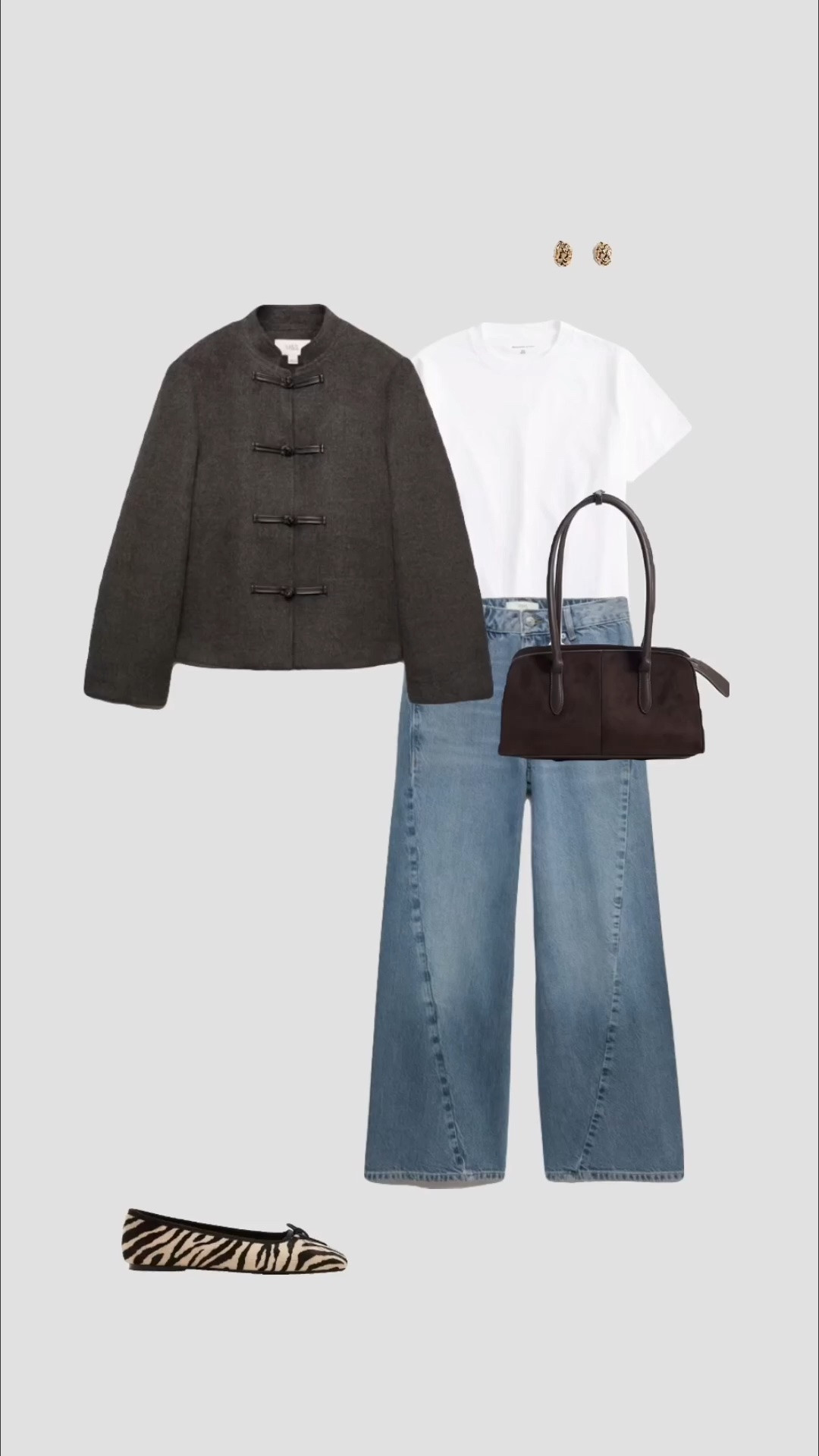 Charcoal Knot Button Military Detail Jacket, White T-shirt, High Waisted Blue Jeans & Brown Zebra Ballet Flats Autumn Outfit 🦓🤎

• everyday outfits smart casual outfit work outfit workwear college outfits city break outfits pub uk outfit womens 2026 outfits petite short long tall outfit simple minimal style •