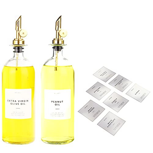 Molimoli Oil and Vinegar Dispenser with Metal Pour Spout, Glass Bottle Dispenser for Kitchen | Pantry Labels, Organization Labels Set with Oil Labels for Bottles, (White labels) 500ml Bottles Gold | Amazon (US)