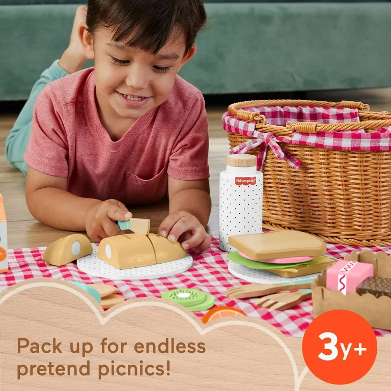 Fisher-Price Wooden Picnic Basket and Food Pretend Play Set for Preschool Kids, 31 Pieces | Walmart (US)
