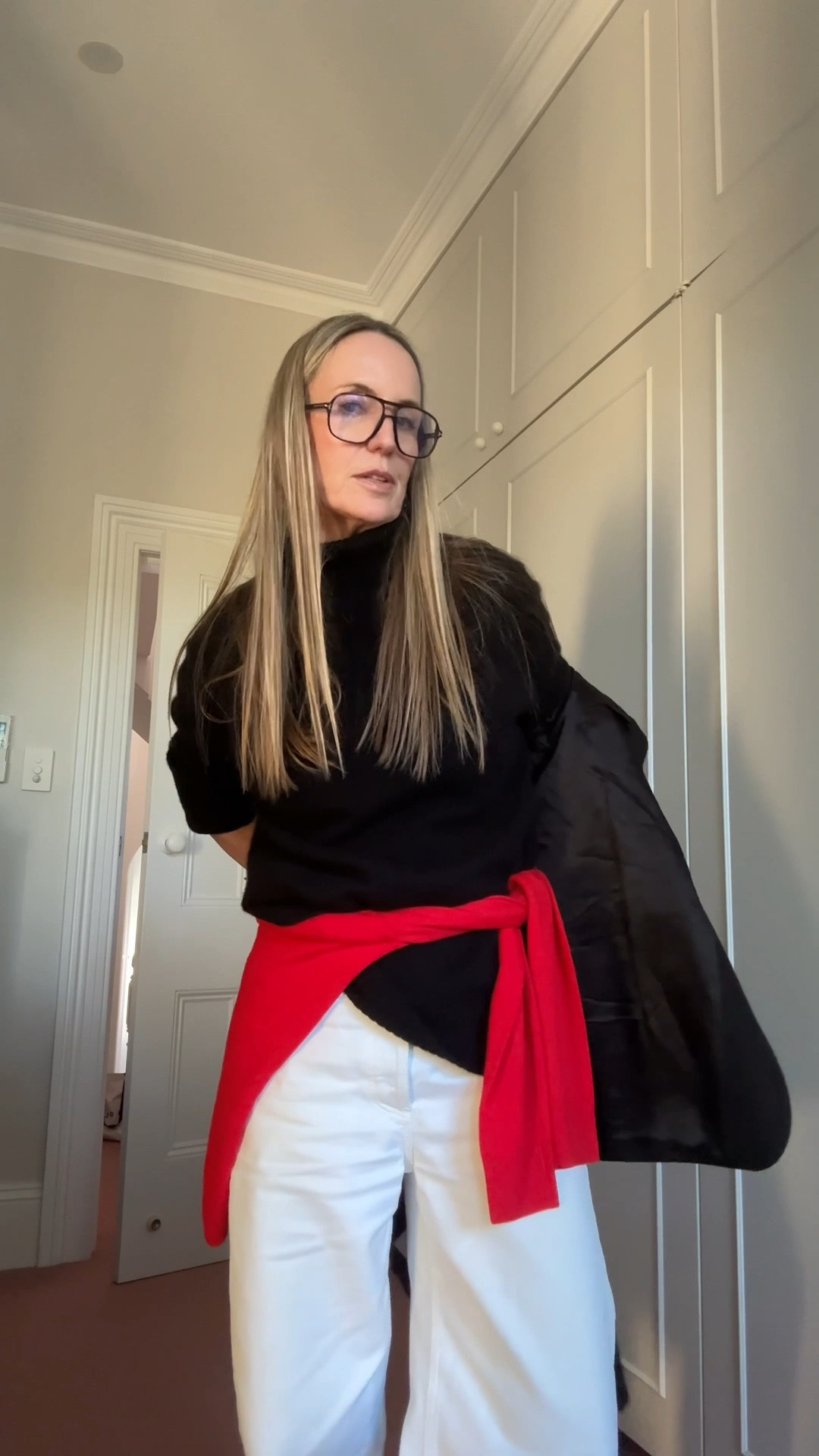 I enjoy adding a pop of colour on occasion to a black and white combination. I’ve also been using my crew or v neck knits lately as scarves or belts as a way just to add another layer or an extra colour to the mix. 
I’ll link same or similar if you click below.