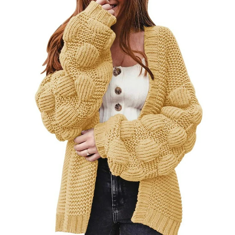 Women Oversized Cardigan Balloon Sleeve Sweater Knitted Cute Chunky Sweaters Wrap Long Fall Pom P... | Walmart (US)