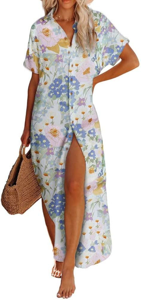 Dokotoo Womens Casual Short Sleeve Side Split Button Down Long Kimonos Cardigans Swimsuit Cover U... | Amazon (US)
