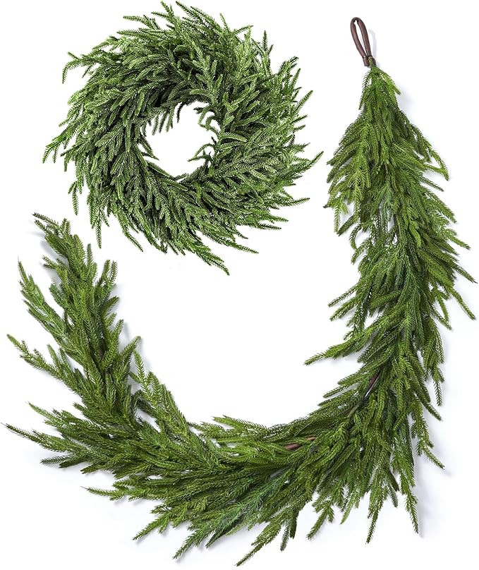 Real Touch Norfolk Pine Christmas Garland and Wreath Set, 24IN Green Wreath and Christmas Garland... | Amazon (US)