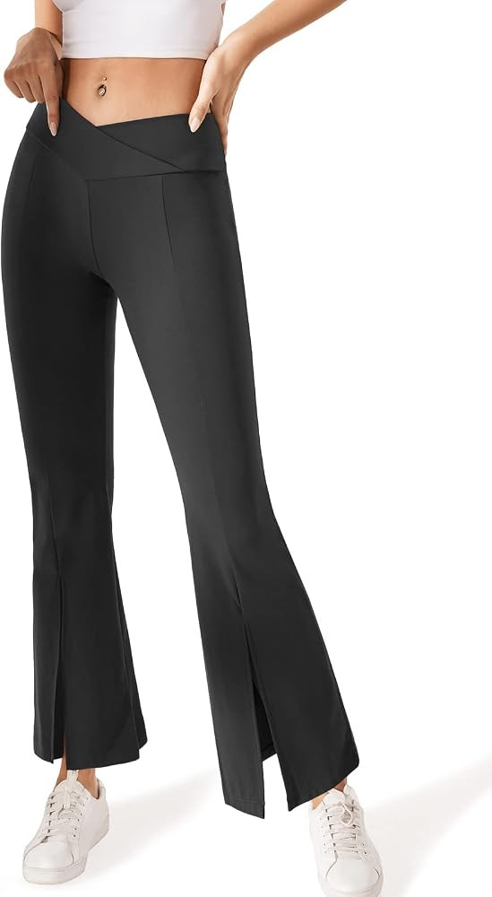 Women Workout Crossover Flare Leggings Pants Bootcut Athletic Yoga Pants High Waisted Front Split Sp | Amazon (US)