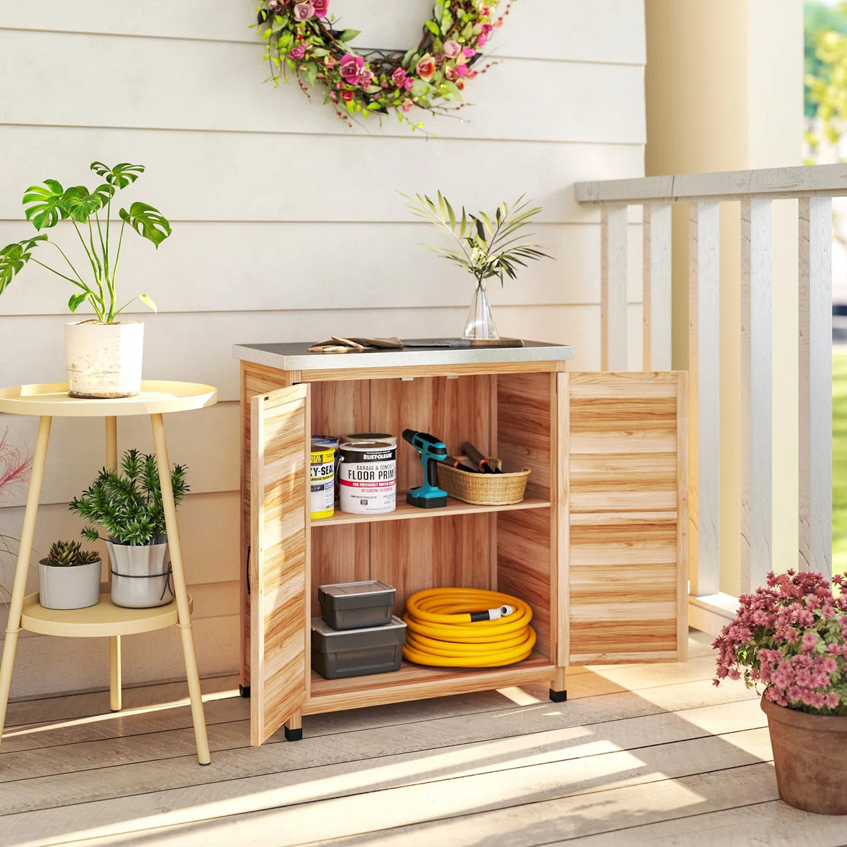 Wooden Storage Cabinet, Outdoor Garden Shed w/Shelf, Natural | Wayfair North America