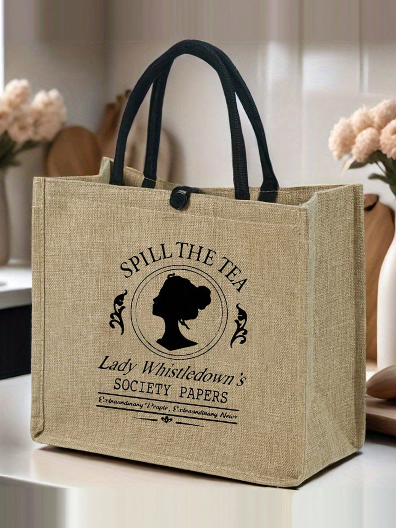 1pc Khaki Lady Whistledown Society Papers Printed Handbag, Large Capacity Shoulder Bag, Casual To... | SHEIN