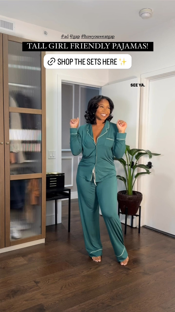 The perfect tall girl friendly pajamas that come in petite and regular lengths as well! ✨🤍

I am 5’9 - 200 lbs wearing size medium TALL top large TALL pants! And for the set I’m wearing a large tall over all! 

#ad #howyouweargap @gap