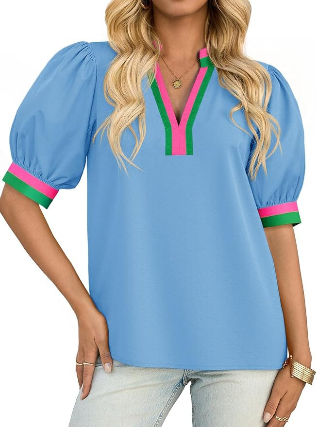 Tankaneo Womens Color Block Puff Sleeve Tops Dressy Casual V Neck Cotton Blouses Summer Loose Fit... | Amazon (US)