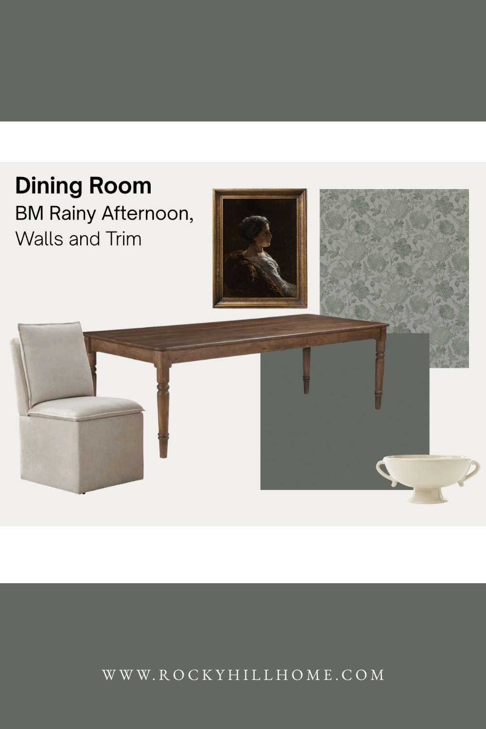 The Moody Dining Room of My Dreams! Vintage inspired dining room mood board featuring Benjamin Moore Rainy Afternoon, green floral wallpaper and warm wood traditional dining table

#LTKHome