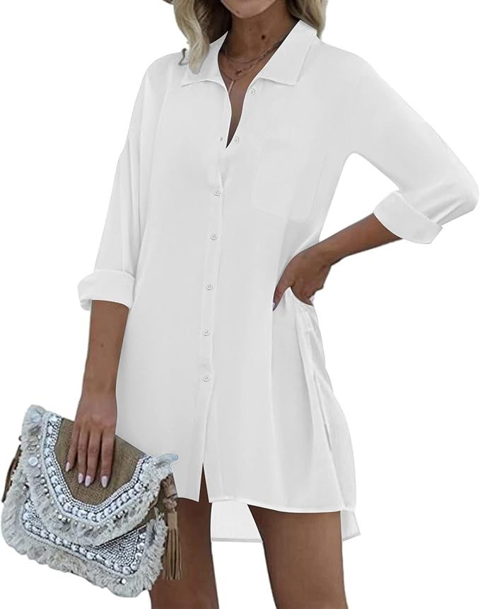 Ekouaer Women's Beach Bikini Cover-up Long Roll-up Sleeve Beach Shirt Bathing Suit Cover Up | Amazon (US)