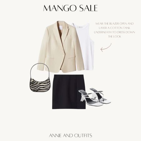 Mango Sale 30% off orders $210 or more! Love on oversized blazer with a mini and heels - this look would be so cute for drinks/dinner or a night out.

#mango #mangosale #springoutfit  spring trends vacation outfit summer handbag summer sandals #blazer #sandals  
#miniskirt 

#LTKsalealert #LTKfit #LTKunder100