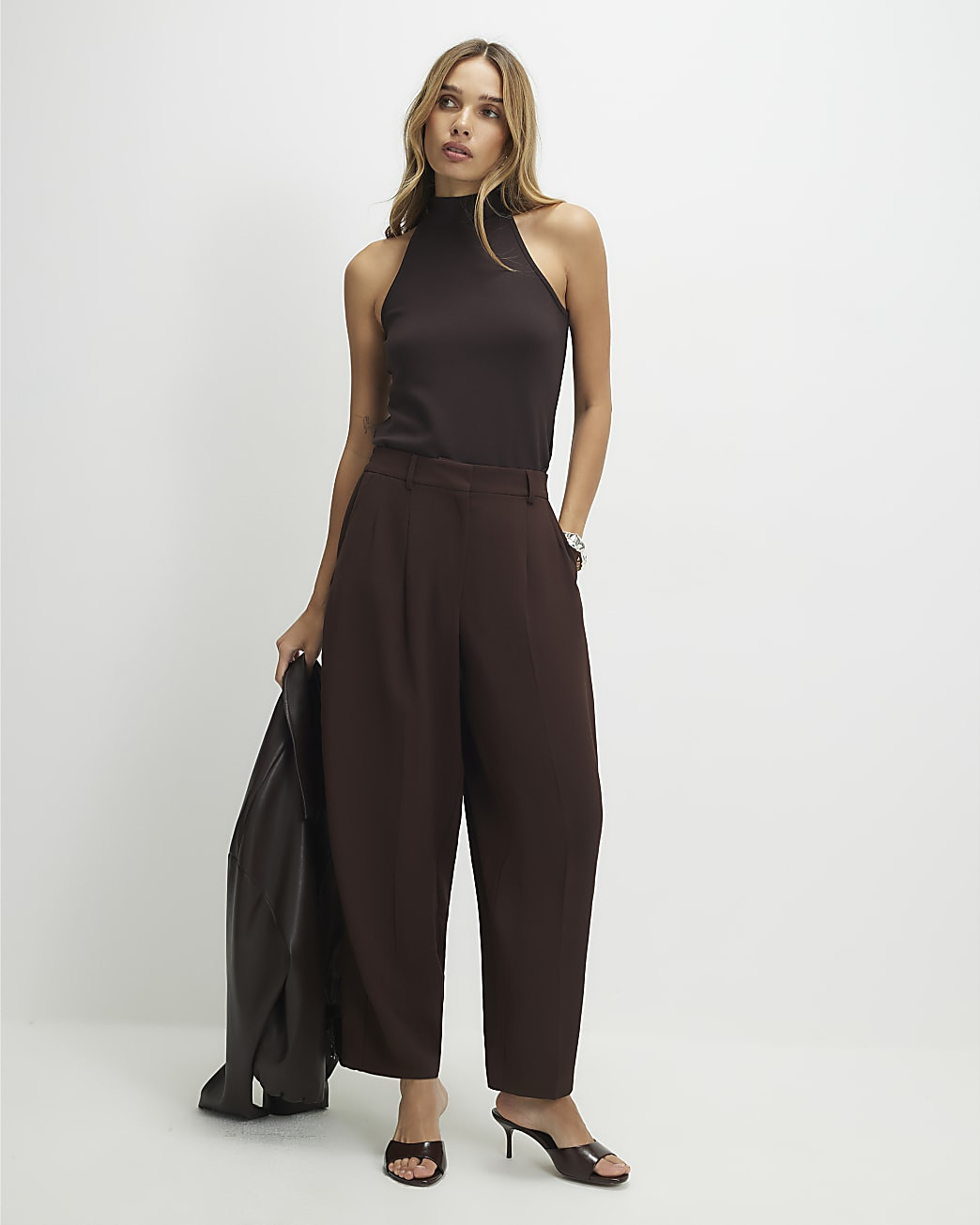 Brown Drapey Barrel Leg Trousers | River Island UK & IE