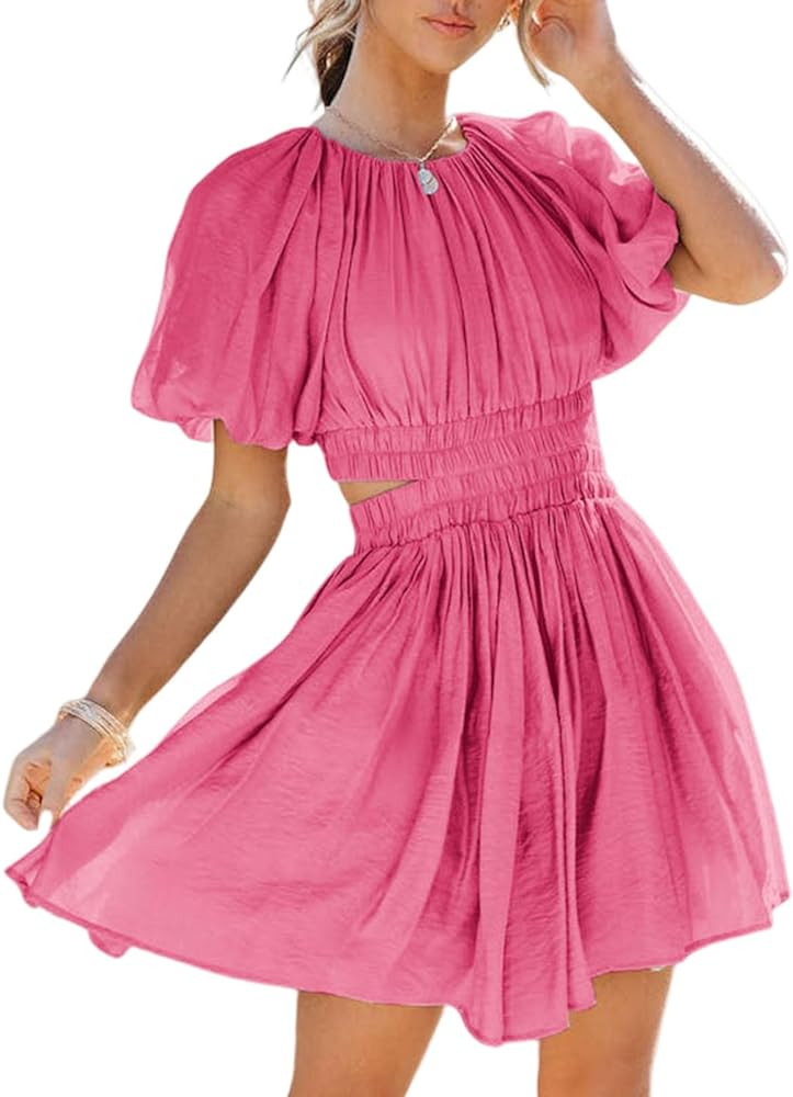 AlvaQ Women Summer Crewneck Cut Out Dresses Casual Puff Sleeve Swing A Line Short Mini Dress with... | Amazon (US)