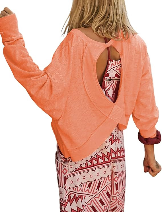 Women's Open Back Workout Crop Top Long Sleeve Casual Athletic Shirts Yoga Tee | Amazon (US)