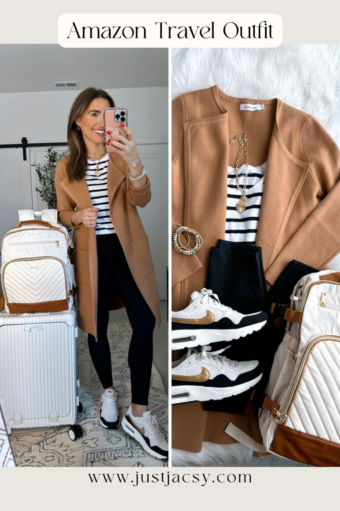 Amazon Travel Outfit for Fall. Coatigan is a closet staple! I own it in 3 colors. 
This color: light brown, XS (I’m 5’2.5”)
**sneakers - fit tts. Low stock for this color, so I linked other colors too!
*leggings- similar to lulu align! wearing true size XS black 
*striped tee- comes in 2 pack. Stretchy and a great long length! Wearing XS


Fall outfit, casual outfit, leggings outfit, suede bag, luggage, travel backpack, Nike sneakers 

#LTKTravel #LTKSaleAlert #LTKShoeCrush