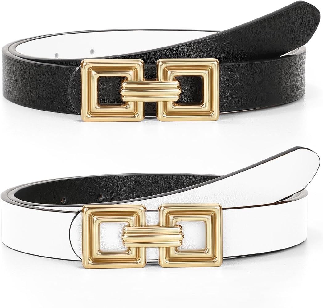 WHIPPY Reversible Leather Belt for Women Fashion Ladies Faux Leather Belt for Jeans Pants Dress with Gold Buckle 1 Pack Black/White S | Amazon (US)